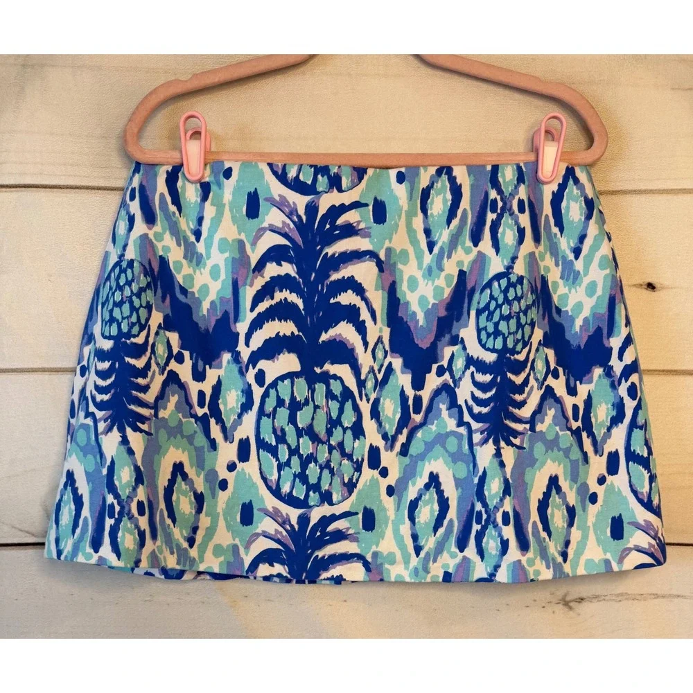 Lilly Pulitzer Pineapple Party Skort Blue Turquoise Ikat Gold Button Womens L
